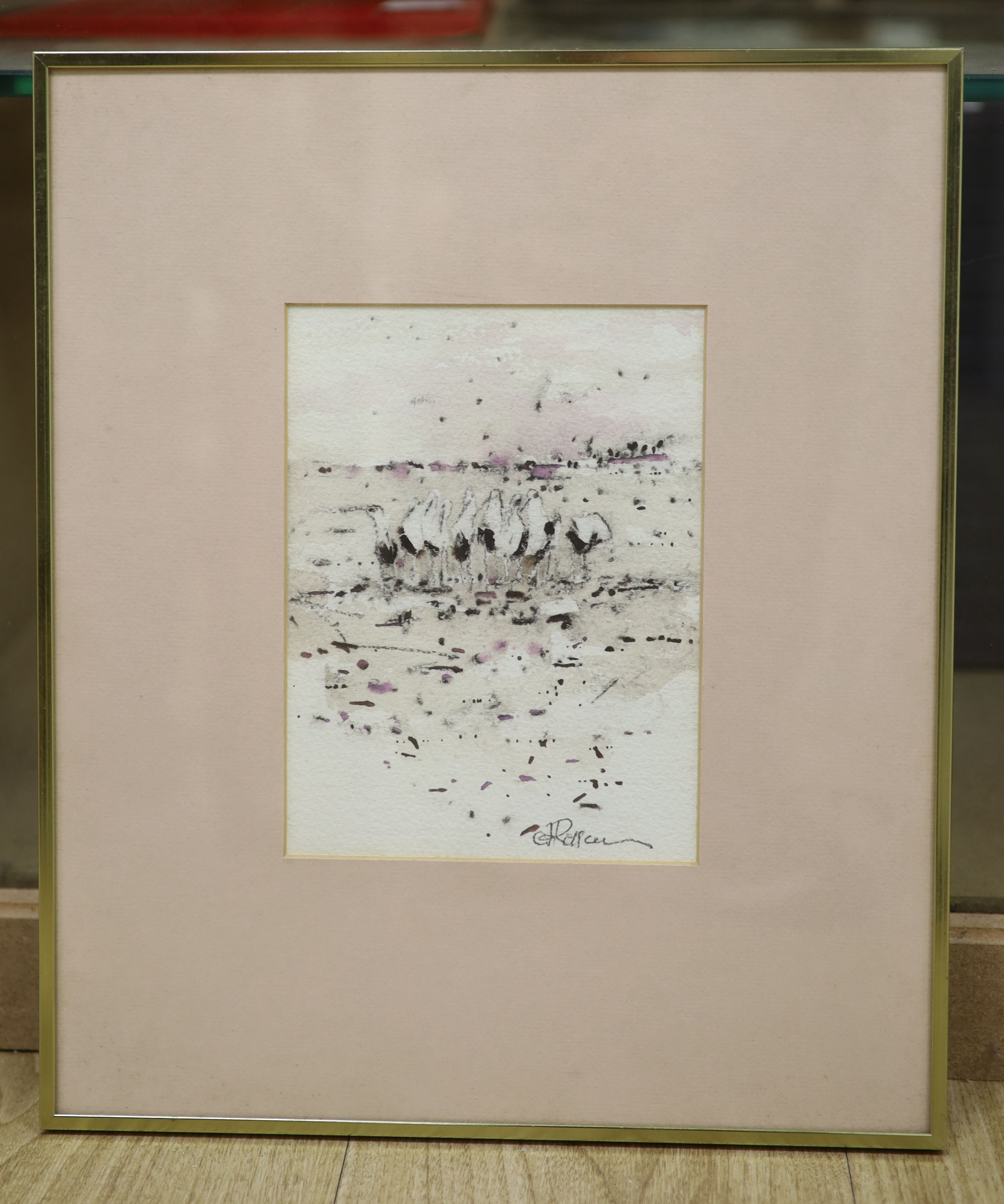 Angela Rossen (Australian), watercolour, Birds on the seashore, signed in pencil, 20 x 15cm
